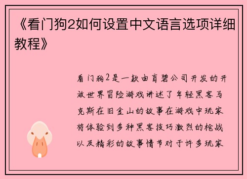 《看门狗2如何设置中文语言选项详细教程》